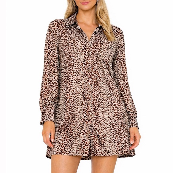 Dresses & Skirts - Cheetah Print Button Down Mini Shirt Dress Collared Long Sleeve Brown Small